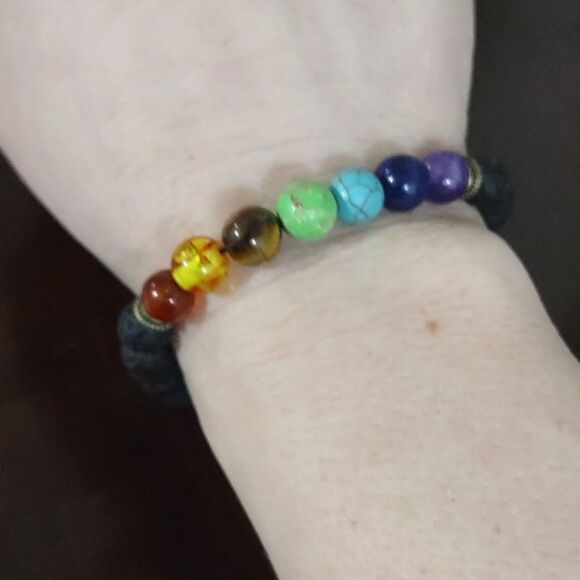Women's Grounding Lava Rock with Chakra Beads Adjustable Slider Bracelet - Picture 4 of 6